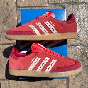 adidas Samba Women’s Red Suede Sneakers with White Stripes and Gum Sole